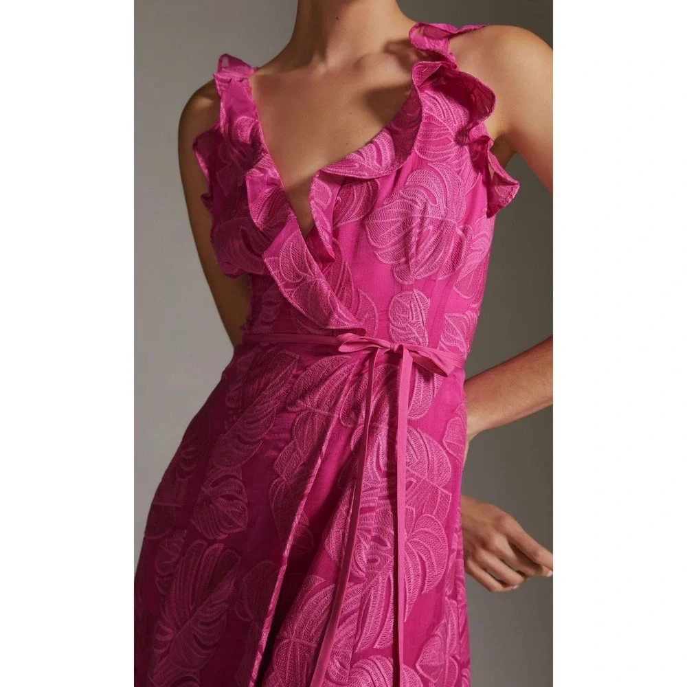 Hutch Anthropologie Tropical Leaf Ruffle Maxi Dress Cruise Large Summer A6